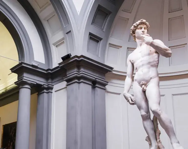 during this tour of florence you will admire The David, sculpted by a very young Michelangelo entirely from a single block of local Carrara marble