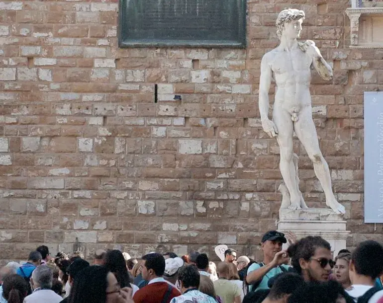 with our florence walking tour you will admire the authentic David of Michelangelo inside the Accademia Gallery but you will also see the copy placed in the piazza della Signoria